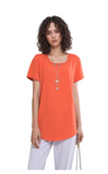 Women's Vibrant Orange Curved Necklace Hem Casual Tunic Top - Short Sleeve & Relaxed Fit