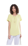 Pastel Yellow Necklace Short Sleeve Soft Knit Blouse - Relaxed Fit, Curved Hem Top