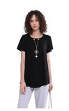 Versatile Necklace Black Relaxed Fit Women's Top | Short Sleeve Casual Blouse with Curved Hem