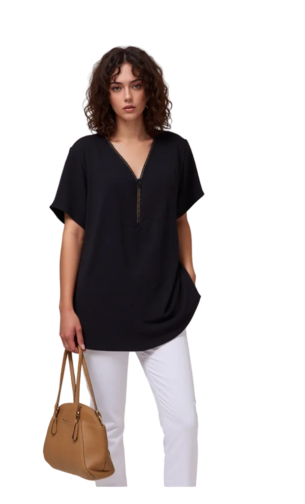 Chic Black V-Neck Zipper Tunic Top for Women - Stylish Everyday Blouse