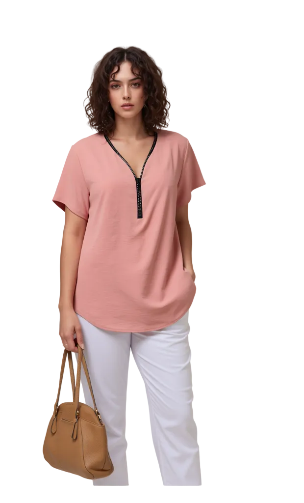 Rose Pink Zipper V-Neck Short Sleeve Relaxed Fit Tunic Top for Women