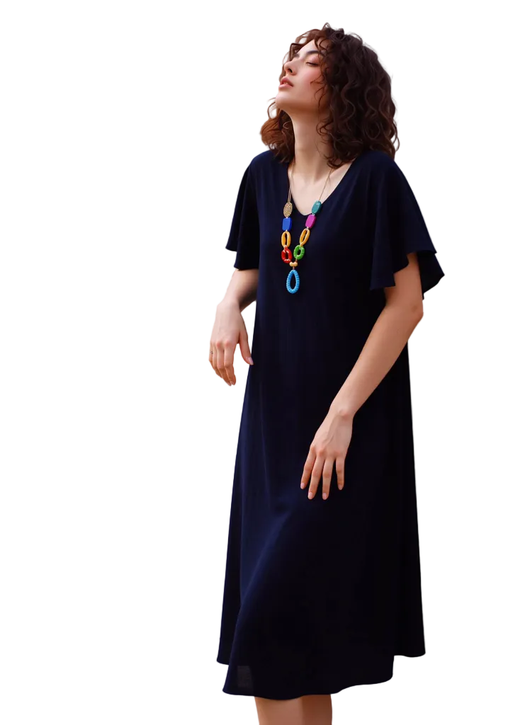 Black Midi Dress for Women With Necklace | Elegant Flutter Sleeve A-Line Flowy Casual Summer Dress