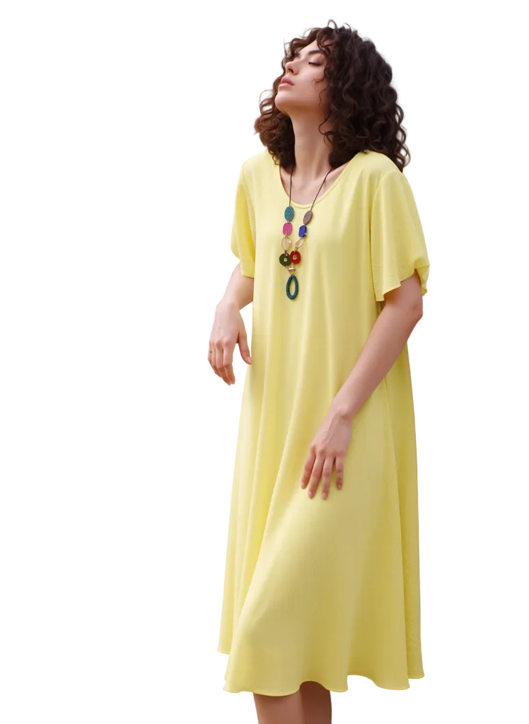 Chic Lemon Yellow A-Line Midi Dress With Necklace for Women - Comfortable Short Sleeve Casual Summer Apparel