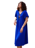 Vibrant Royal Blue Midi Dress With Necklace for Women - Elegant V-Neck, Flowy Short Sleeves, Comfortable & Chic Summer Apparel