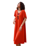 Vibrant Orange Flutter Sleeve Midi Dress With Necklace for Women - Loose Fit Casual Summer Flowy A-Line