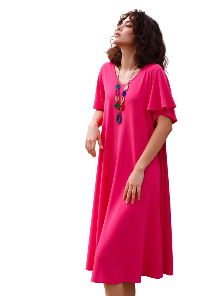 Women's Elegant Pink Flutter Sleeve Midi Dress With Necklace | V-Neck Flowy A-Line Summer Casual