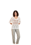 Women's Cream Crochet Knit Top | Lightweight Open Weave Summer Blouse | Boho Short Sleeve Pullover Beach Cover-up