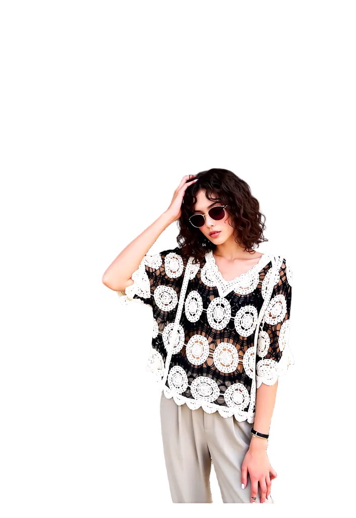 Elegant Black & Cream Crochet Open Knit Blouse | Women's Short Sleeve Summer Top | Boho Chic Festival Wear