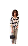 Boho Chic Navy Blue & Cream Crochet Knit Top for Women - Stylish 3/4 Sleeve V-Neck Blouse