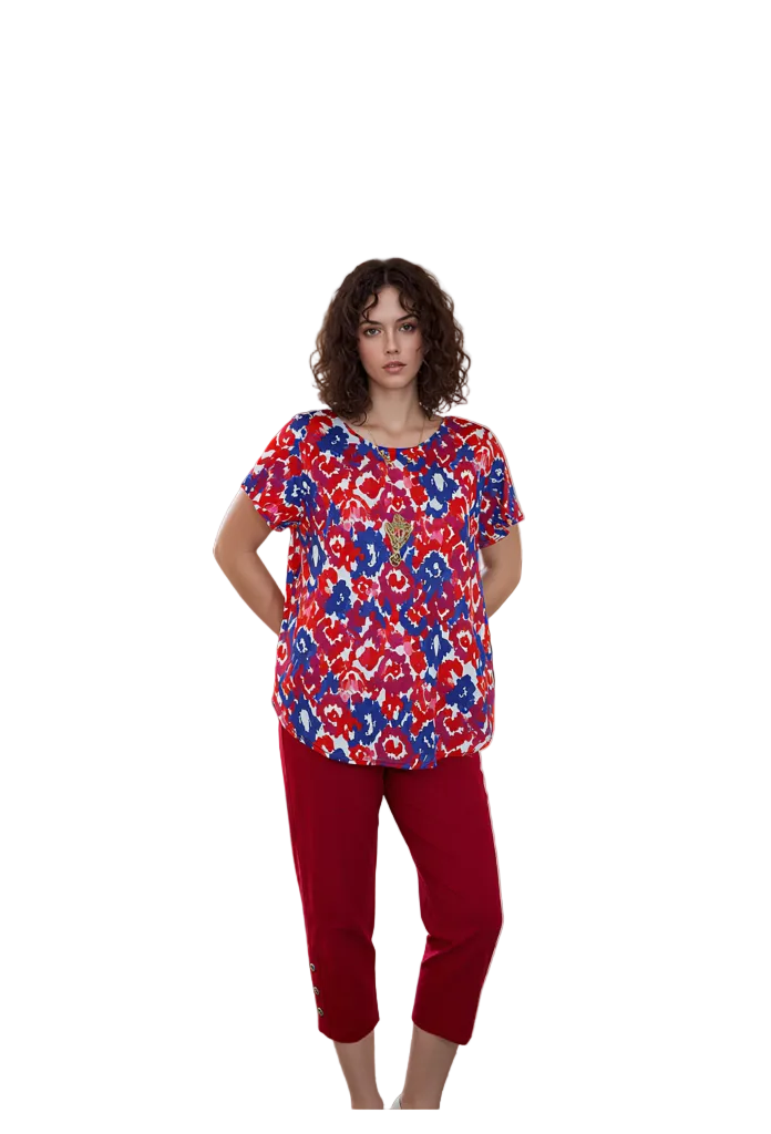 Vibrant Abstract Print Flutter Sleeve Top for Women - Red, Blue & White Casual Blouse