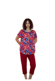 Vibrant Abstract Print Flutter Sleeve Top for Women - Red, Blue & White Casual Blouse