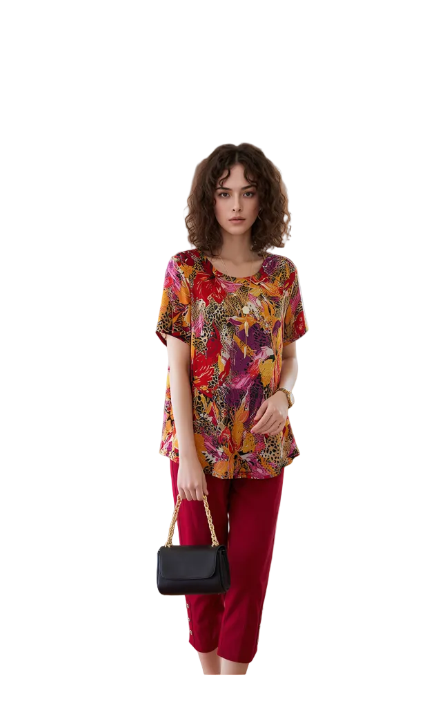 Women's Vibrant Multicolor Floral & Leopard Print T-Shirt - Short Sleeve Casual Top