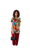 Vibrant Red Tropical Print Blouse for Women - Short Sleeve Palm Leaf Summer Top