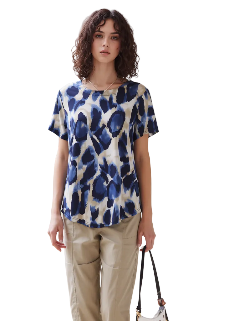 Women's Abstract Blue & White Print Blouse - Stylish Beige Base Short Sleeve Top
