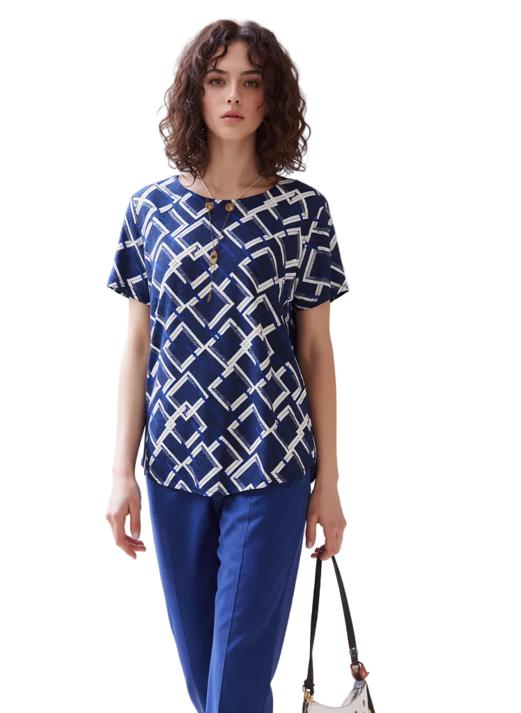 Elegant Women's Navy & White Geometric Print Short Sleeve Blouse Top - Stylish Casual Wear