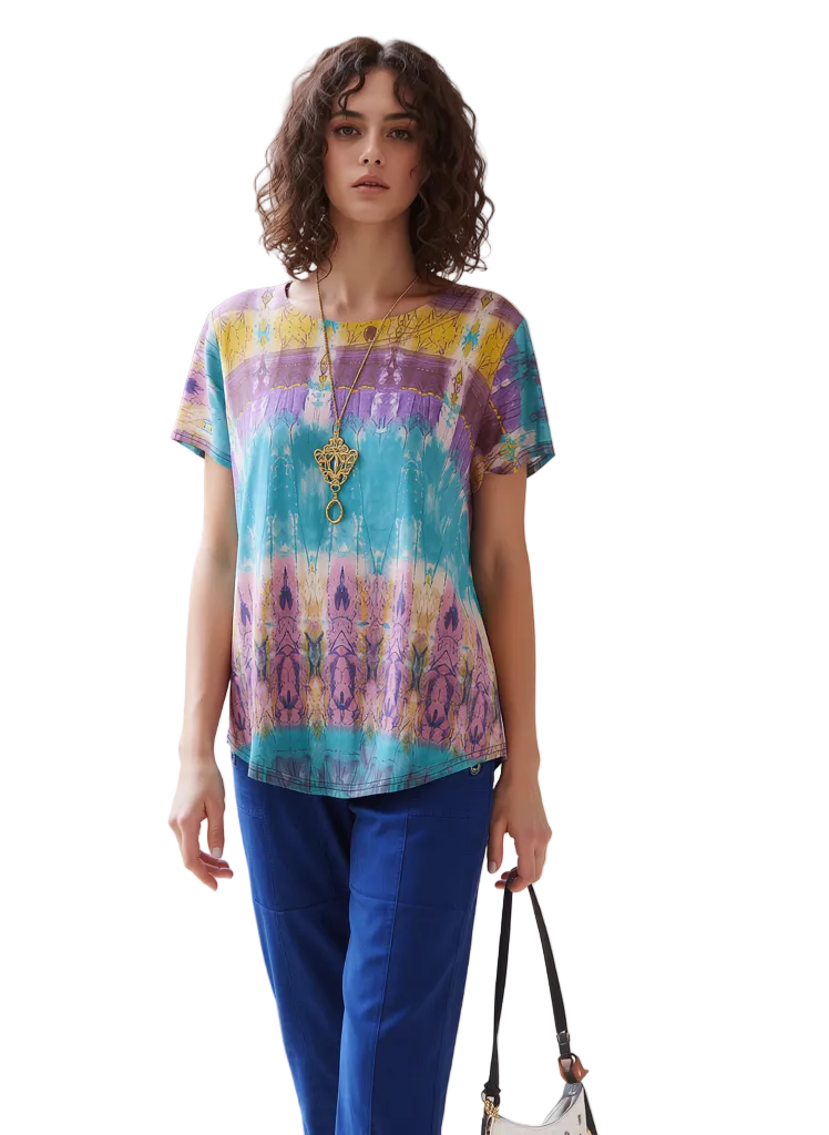 Vibrant Teal Purple Yellow Tie-Dye Top for Women - Short Sleeve Bohemian Top