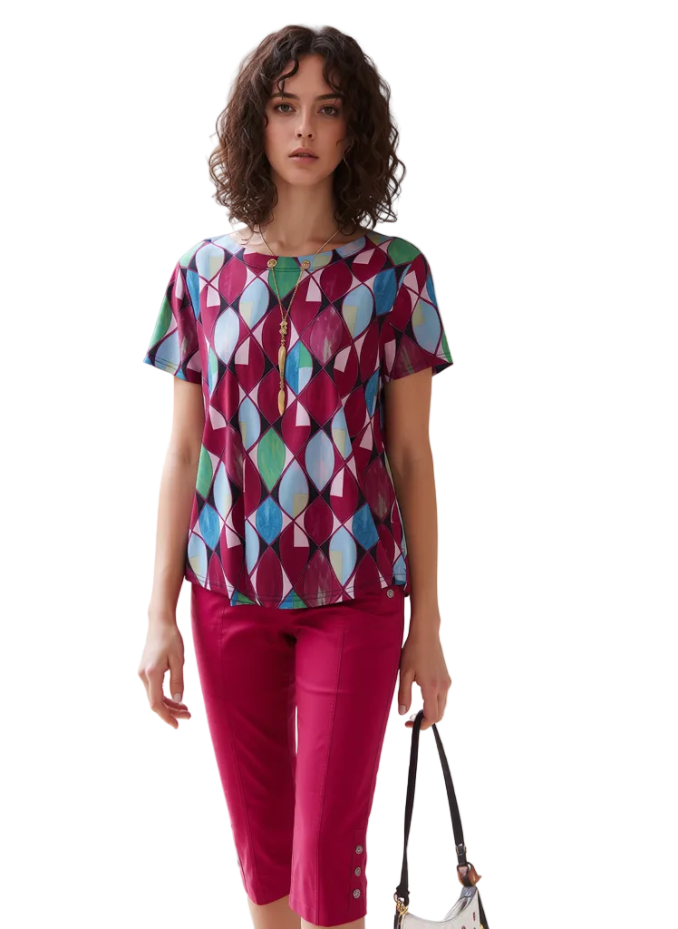 Vibrant Fuchsia & Teal Abstract Print Women's Tunic Top | Short Sleeve Lightweight Casual Blouse
