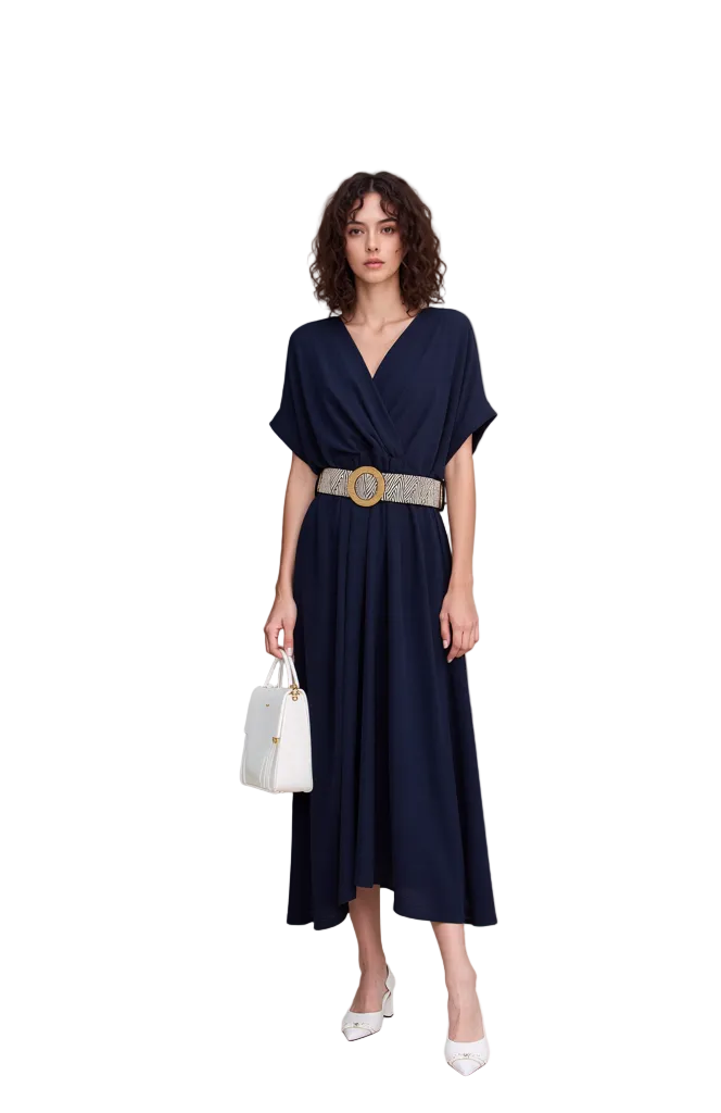 Elegant Navy Blue V-Neck Midi Dress | Women's Short Sleeve Flowy Casual & Formal Style