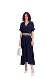 Elegant Navy Blue V-Neck Midi Dress | Women's Short Sleeve Flowy Casual & Formal Style