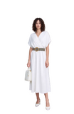 Elegant White V-Neck Short Sleeve Midi Dress - Flowy & Versatile Women's Summer Style