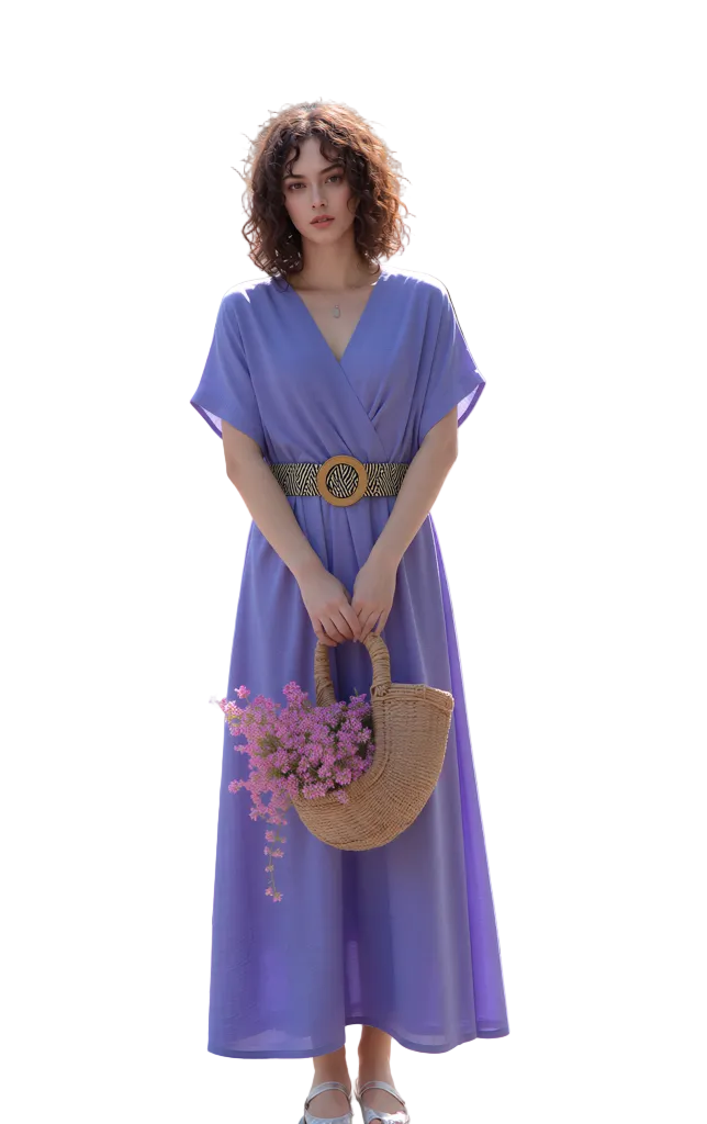 Elegant Lavender V-Neck Midi Dress for Women - Flowy Short Sleeve Summer Casual Style
