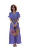 Elegant Lavender V-Neck Midi Dress for Women - Flowy Short Sleeve Summer Casual Style
