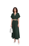 Elegant Dark Green V-Neck Midi Dress for Women - Short Sleeve Flowy A-Line Casual & Formal Wear