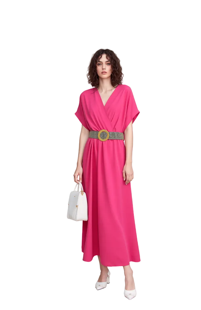 Vibrant Coral Midi Dress for Women - Chic V-Neck Short Sleeve Flowy Summer Casual Dress
