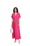 Vibrant Coral Midi Dress for Women - Chic V-Neck Short Sleeve Flowy Summer Casual Dress