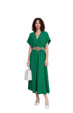 Elegant Emerald Green Midi Dress for Women - V-Neck Relaxed Fit & Versatile Style