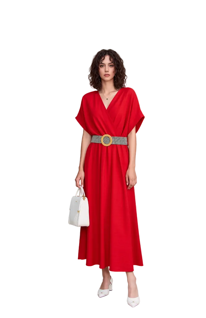 Elegant Red V-Neck Midi Dress for Women | Stylish Flowy Short Sleeve Casual & Party Attire