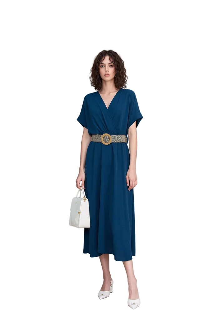 Elegant Teal Blue V-Neck Wrap Midi Dress for Women | Short Sleeve Flowy Summer & Office Wear
