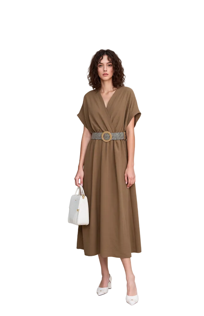 Elegant Mocha Brown V-Neck Midi Dress for Women - Short Sleeve Relaxed Fit | Versatile Casual & Summer Style