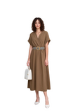 Elegant Mocha Brown V-Neck Midi Dress for Women - Short Sleeve Relaxed Fit | Versatile Casual & Summer Style