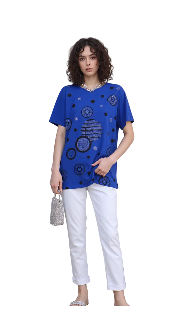 Women's Royal Blue Abstract Circle Print Short Sleeve T-Shirt - Stylish & Comfortable Casual Top