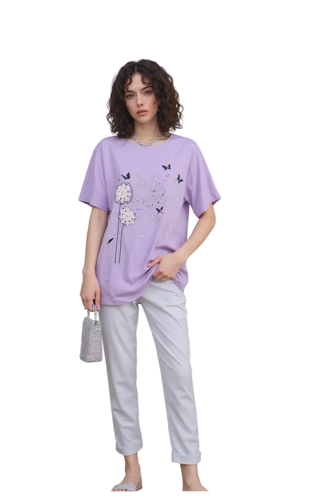 Women's Lavender Butterfly Dandelion Graphic T-Shirt - Soft Cotton Casual Crewneck Top