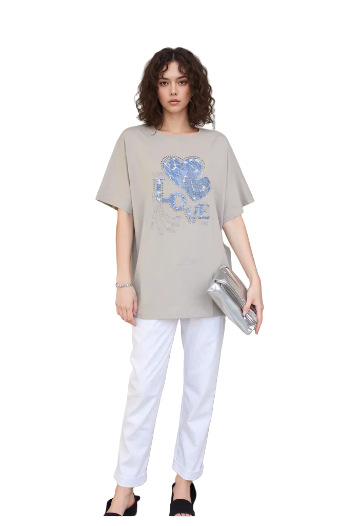 Women's Oversized Greige Sequin Love Heart T-Shirt - Casual Loose Fit Top