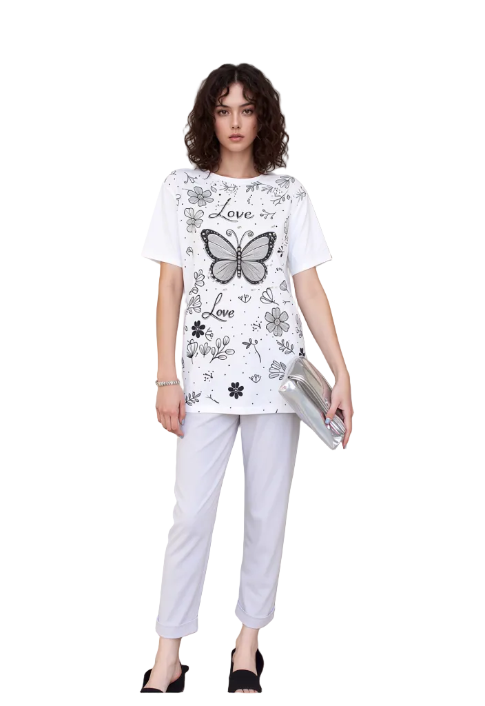 White Butterfly Love Graphic Tee for Women | Casual Short Sleeve Crewneck Top