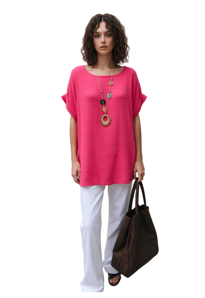 Vibrant Fuchsia Textured Cotton Top - Women's Relaxed Fit Short Sleeve Blouse