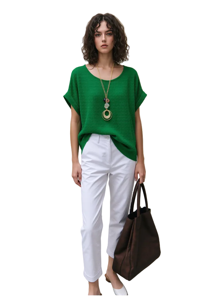Women's Emerald Green Cotton Textured Short Sleeve Top | Relaxed Fit Rolled Cuff Tee | Lightweight Summer Casual Blouse