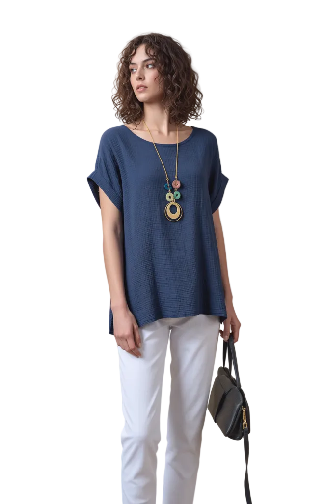 Women's Navy Blue Cotton Short Sleeve Top | Relaxed Fit Boat Neck Blouse
