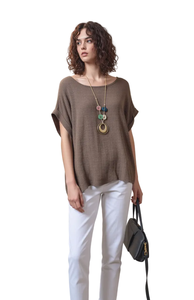 Women's Brown Cotton Waffle Texture Short Sleeve Relaxed Fit Top