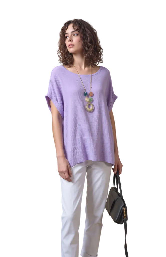 Women's Lavender Cotton Textured Short Sleeve Top - Relaxed Fit Summer Blouse