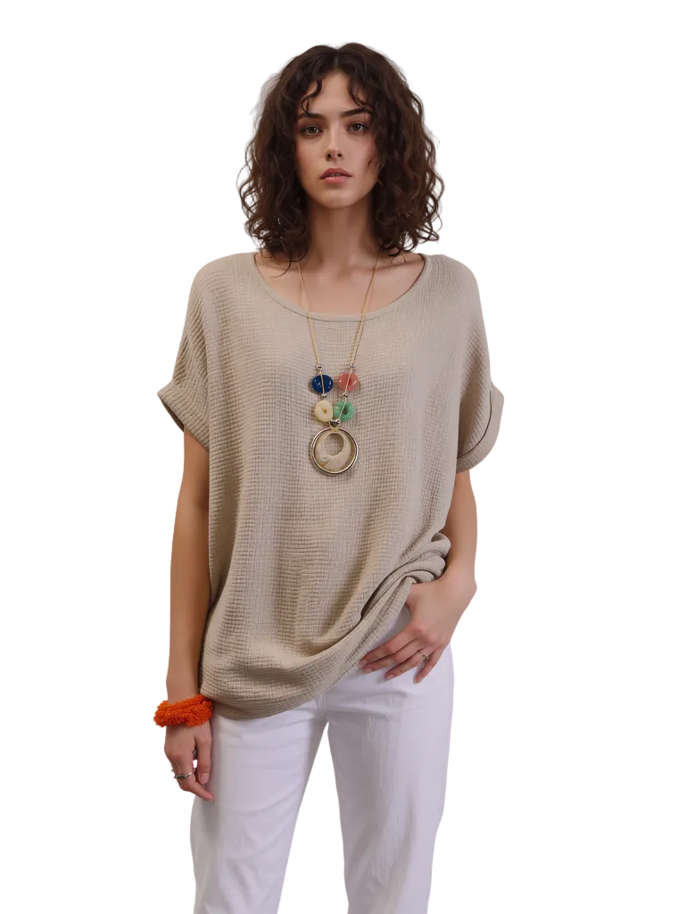 Women's Beige Cotton Waffle Texture Top - Relaxed Fit Short Cuffed Sleeve Everyday Shirt
