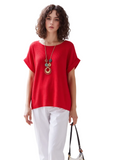 Vibrant Red Cotton Blouse for Women - Casual Short Sleeve Relaxed Fit Top - Breathable & Stylish