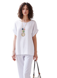 Crisp White Cotton Blend Short Sleeve Top for Women - Relaxed Fit with Rolled Cuffs, Breathable & Stylish