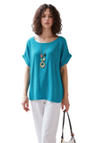 Women's Aqua Blue Cotton Top With  Necklace – Relaxed Fit Short Sleeve | Versatile & Comfortable