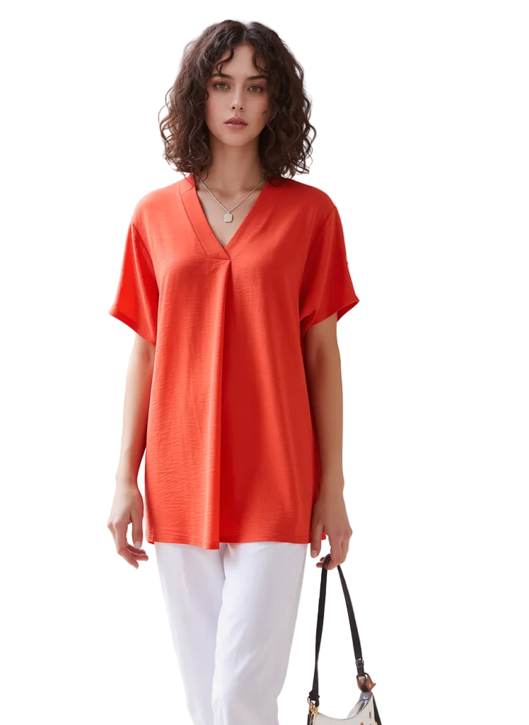 Vibrant Red Women's V-Neck Textured Short Sleeve Blouse - Loose Fit Casual Summer Top