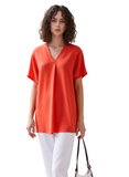 Vibrant Red Women's V-Neck Textured Short Sleeve Blouse - Loose Fit Casual Summer Top