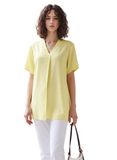 Women's Lemon Yellow V-Neck Short Sleeve Tunic Top - Casual Loose Fit Blouse